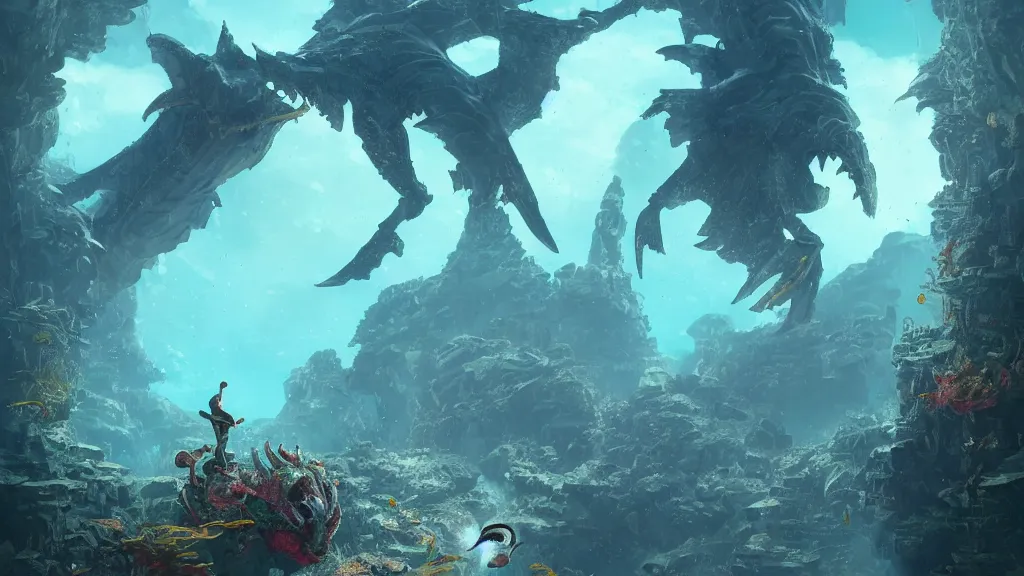 Image similar to A diver is under the sea, he has a treasure with him, he is swimming away from the giant Ryūjin that is behind hunting him, this is an extravagant planet with wacky wildlife and some mythical animals, the background is full of ancient ruins, the ambient is vivid with a terrifying atmosphere, by Jordan Grimmer digital art, trending on Artstation,