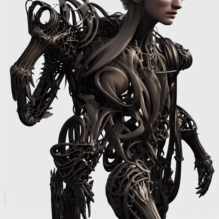 Prompt: prototype exoskeleton with ribbed body, baroque portrait by rutkowsky and charles vess and james jean and erik jones and rhads, 3 d octane render, beautiful fine face features, intricate high details, sharp, ultradetailed, artistic photography