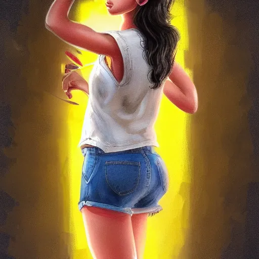 Image similar to young hyderabadi american woman wearing denim short shorts and yellow tank top, highly detailed, artgerm style, artstation, soft light, sharp focus, illustration, character design, concept art