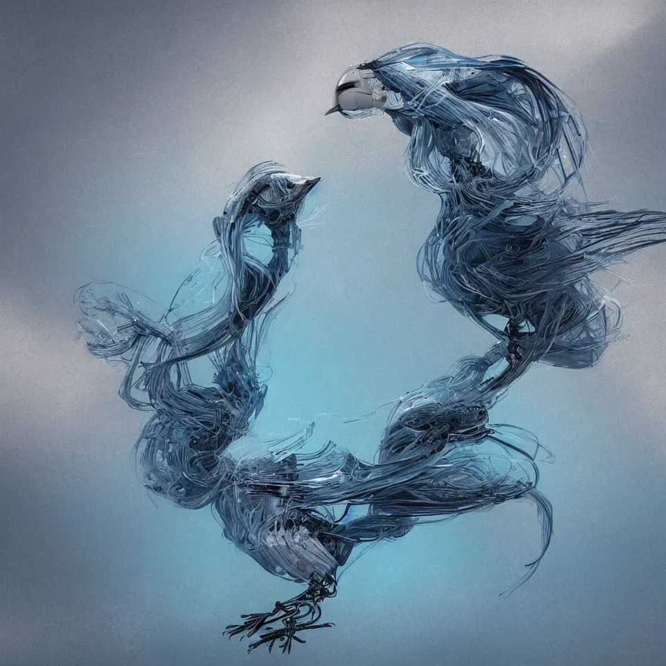 Image similar to beautiful artistic - wave highly detailed robotic bird, with head phones, digital painting, digital art, beautiful, cinematic, 4 k, ultra hd, art by ben templesmith, dynamic lighting, gradient light blue, blonde cream and white color scheme, grunge aesthetic