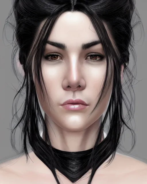 Prompt: portrait of a tall 4 0 - year - old woman with thin lips, long, lush black hair gathered on the head bun, and thick eyebrows, haughty facial expression, wearing in black clothes, aristocratic appearance, hyper realistic face, beautiful eyes, character art, art by mark brooks, hyperdetailed, cryengine, trending on artstation, digital art