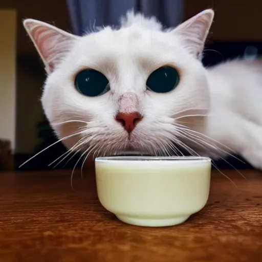 Prompt: cat first person perspective. camera mounted on a cat drinking milk. what a cat sees