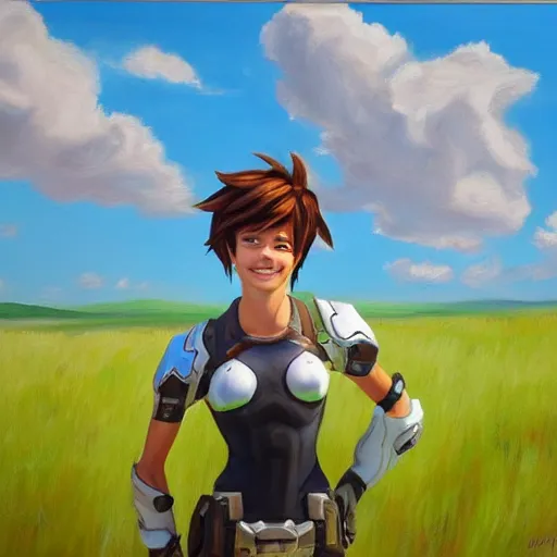 Prompt: oil painting of tracer from the game overwatch, standing in grassy field, smiling while the sun shines down, light rays,