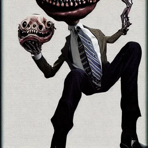 Image similar to mr bean as a monstrous alien, body horror, claws, teeth, bones