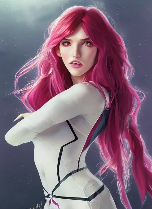 Image similar to ultra realistic illustration, bella thorne as spidergwen anime, intricate, elegant, highly detailed, digital painting, artstation, concept art, smooth, sharp focus, illustration, art by artgerm and greg rutkowski and alphonse mucha and wlop