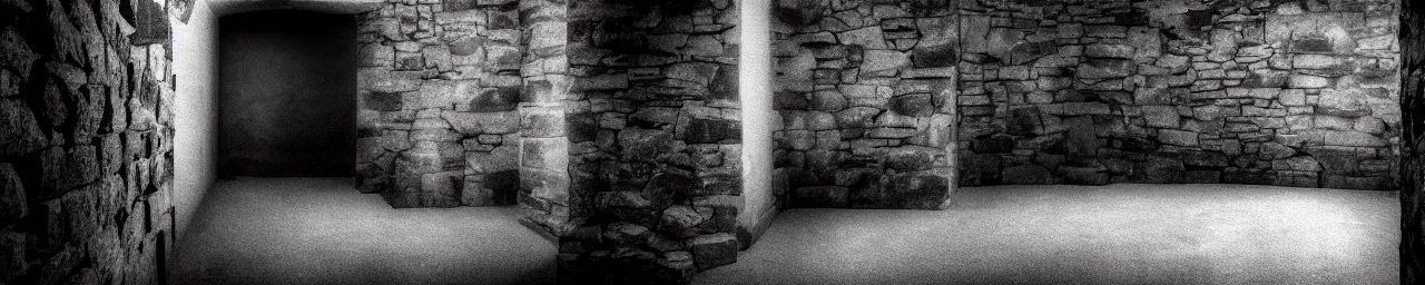Prompt: Medieval interior empty room with stone walls panorama Holga dark moody greyscale