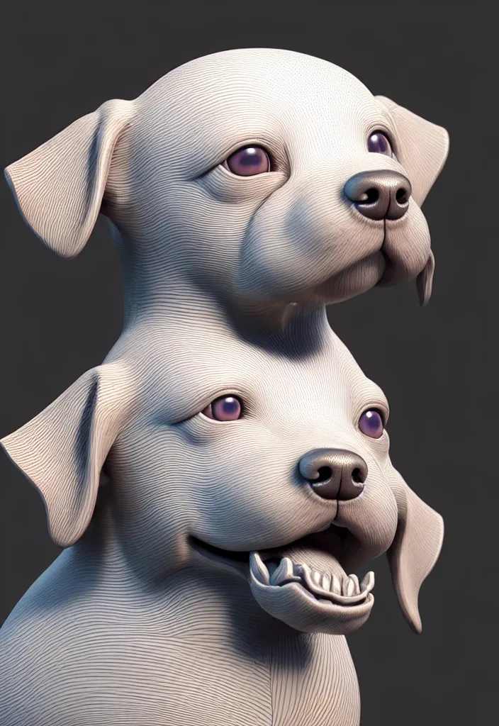 Prompt: a highly detailed realistic 3 d render sculpture of a cute dog with wide open eyes by zhelong xu, unreal engine, ray trace, jingdezhen porcelain. chinese culture. super clear details, ultra clear material. close - up shot, intricate details. 3 d octane render. substance painter.