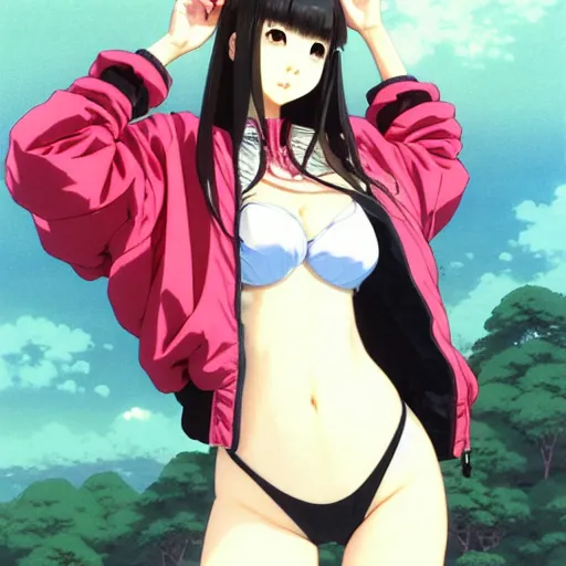 Image similar to a beautiful japanese lalisa alluring gravure model, wearing oversized designer bomber jacket and leotard, bulky poofy bomber jacket with mesoamerican patterns, mesoamerican native street fashion, gapmoe yandere grimdark, trending on pixiv fanbox, painted by greg rutkowski makoto shinkai takashi takeuchi studio ghibli, akihiko yoshida