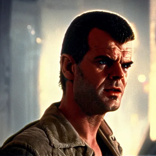 Prompt: young Jack Nicholson as Rick Deckard on blade runner 1982, slightly smiling, wide angle lens, movie still, in color, movie frame, detailed face, symmetrical face, 4k