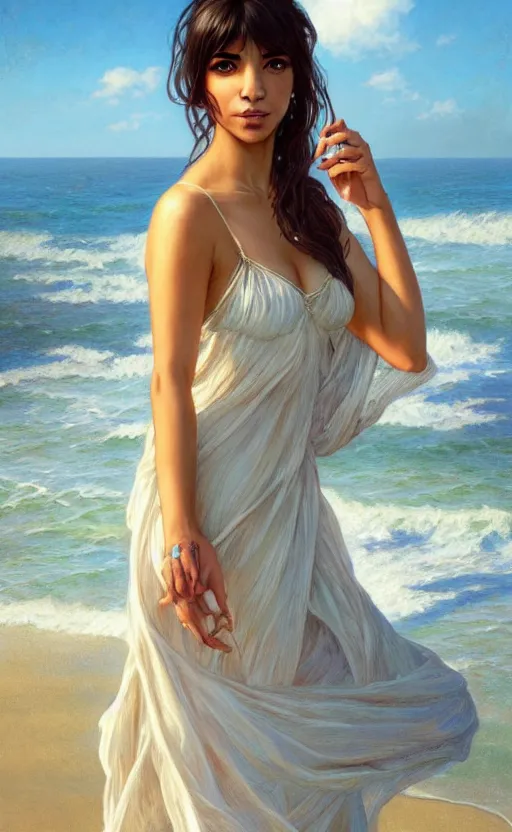 Prompt: a beautiful hannah simone wearing a sundress on the beach, d & d, fantasy, intricate, elegant, highly detailed, digital painting, artstation, concept art, matte, sharp focus, illustration, art by artgerm and greg rutkowski and alphonse mucha