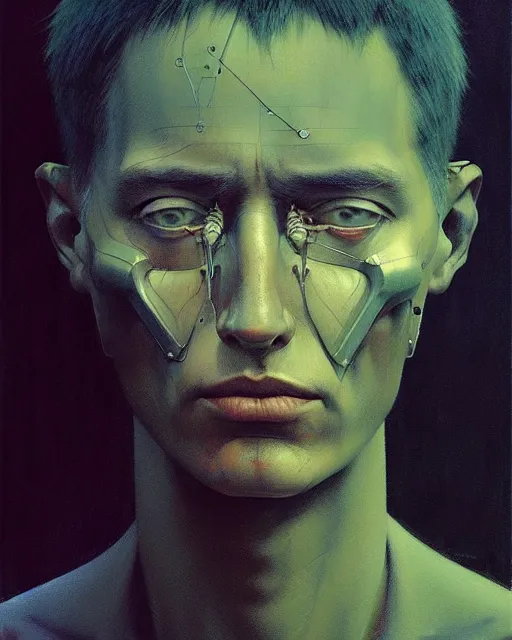 Prompt: a zdzilaw beksinski potrait of a cyborg, fine - face, realistic shaded perfect face, fine details. night setting. realistic shaded lighting poster by ilya kuvshinov katsuhiro, magali villeneuve, artgerm, jeremy lipkin and michael garmash, rob rey and kentaro miura style, trending on art station