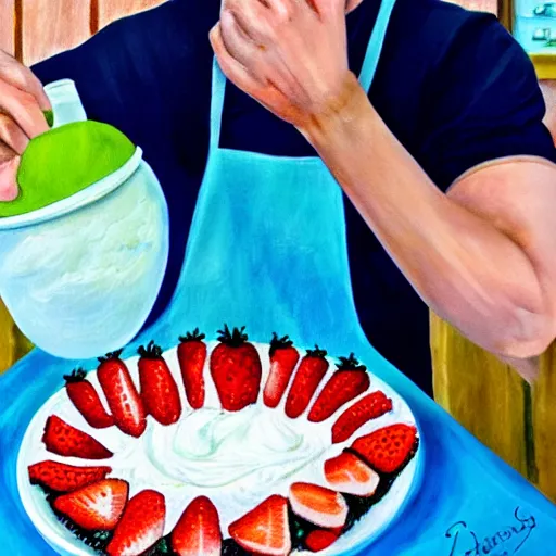 Prompt: painting of redhead bearded boyfriend making strawberry shortcake topped with whipped cream