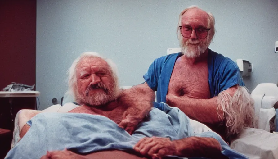 Image similar to 7 0 s movie still of a old man with a spiral in the chest in the hospital, cinestill 8 0 0 t 3 5 mm eastmancolor, heavy grain, high quality, high detail