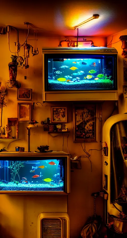 Image similar to telephoto 7 0 mm f / 2. 8 iso 2 0 0 photograph depicting the feeling of chrysalism in a cosy safe cluttered french sci - fi art nouveau cyberpunk apartment in a dreamstate art cinema style. ( ( fish tank ) ), ambient light.