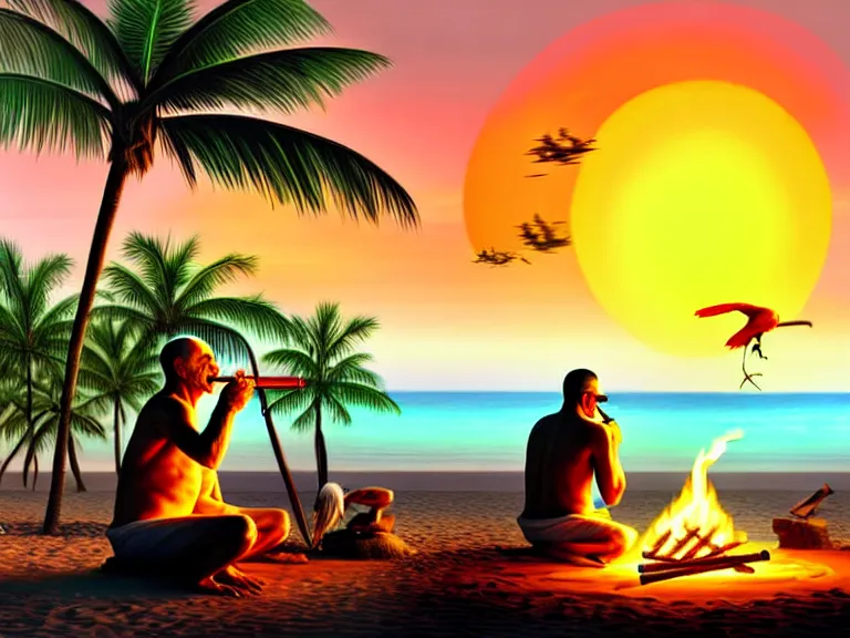 Image similar to gandhi sitting on a beach next to a campfire with palm trees in the back, holding a cigar, sunset, surrounded by animals parrot turtle lizard crab coconuts, glorious lighting, epic environment, highly detailed, digital art, hyper realistic