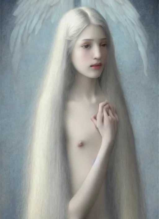 Image similar to thin young beautiful angel with silver hair so long, pale!, wearing silver hair, silver angel wings, young adorable korean face, silver hair!!, oil on canvas, style of fernand khnopff, 4 k resolution, aesthetic!,