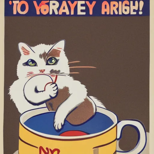 Image similar to british cat sipping on tea, propaganda poster