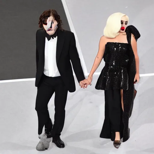 Image similar to mimmo rottela as joaquin phoenix skinny joker holding hand lady gaga harley queen