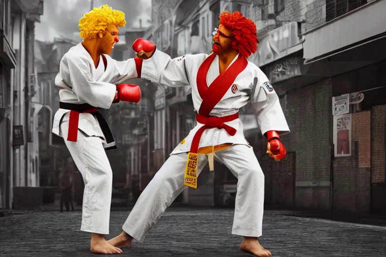 Image similar to ronald macdonald fights, colonel sanders, hyper real, 8 k, octane render, vivid, bright, photo realistic, martial arts, city street