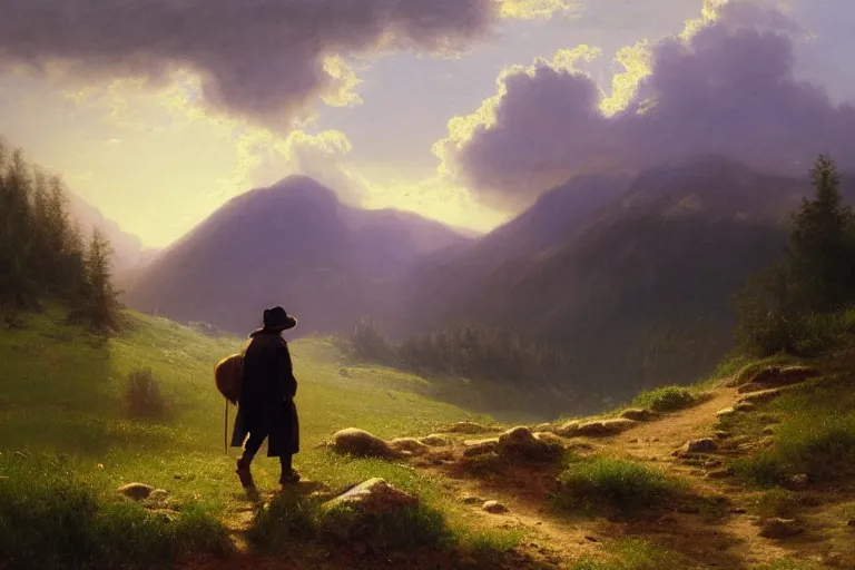 Prompt: a traveler wandering trough the mountains looking at the clouds, very detailed, oil painting, cinematic lighting, albert bierstadt, trending on artstation, colorful, canvas, sunset, hans dahl, grey cloak, brimmed hat, old man