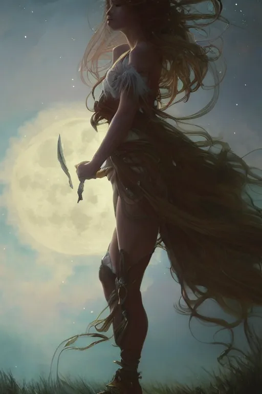 Prompt: fantasy, beautiful leg, long hair, girl, portrait, side view, cloud sky and moon night background, high detail, cinematic lighting, concept art, digital art, illustration, smooth, sharp focus, greg rutkowski, alphonse mucha, loish, wlop, trending on artstation, trending on deviantart