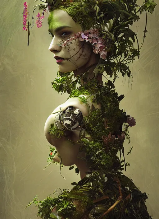 Image similar to studio portrait of a futuristic geisha cyborg overgrown with plants and ivy, modern fine art, fractal, intricate, elegant, highly detailed, digital photography, subsurface scattering, by jheronimus bosch and greg rutkowski,