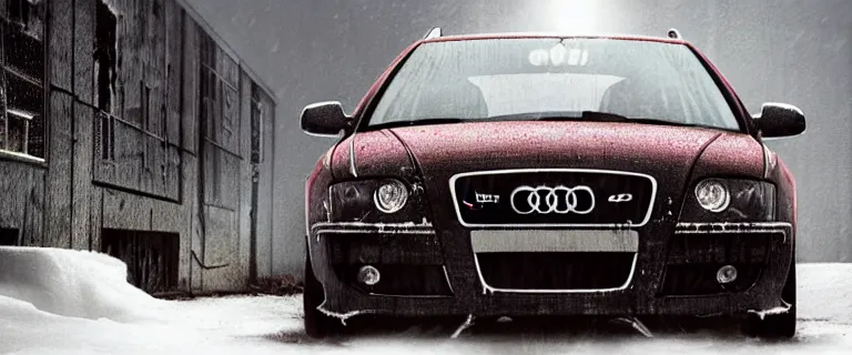 Image similar to Audi A4 B6 Avant (2002), a gritty neo-noir, dramatic lighting, cinematic, eerie person, death, homicide, homicide in the snow, viscera splattered, gunshots, bullet holes, establishing shot, extremely high detail, cracked windows, photorealistic, arson, cinematic lighting, artstation, by simon stalenhag, Max Payne (PC) (2001) winter New York at night, In the style of Max Payne 1 graphic novel, flashing lights, Poets of the Fall - Late Goodbye