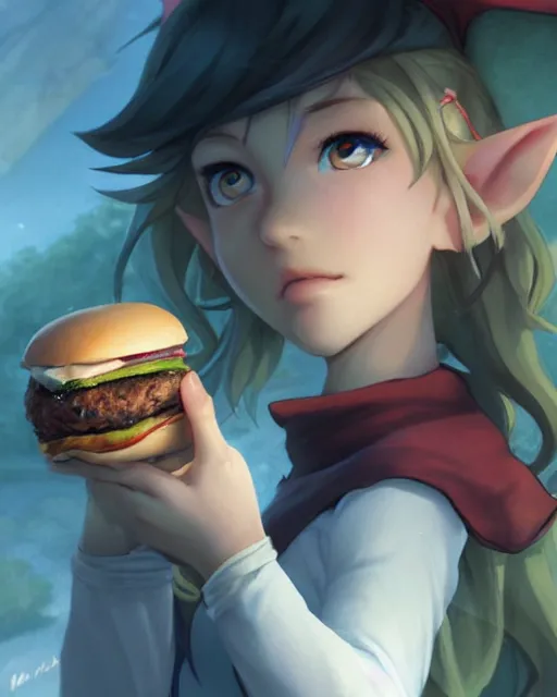 Image similar to adorable elf girl holding a burger, lord of the rings aesthetic, single subject, close centered shot of burger, ambient lighting, white hair, detailed face, by makoto shinkai, stanley artgerm lau, wlop, rossdraws