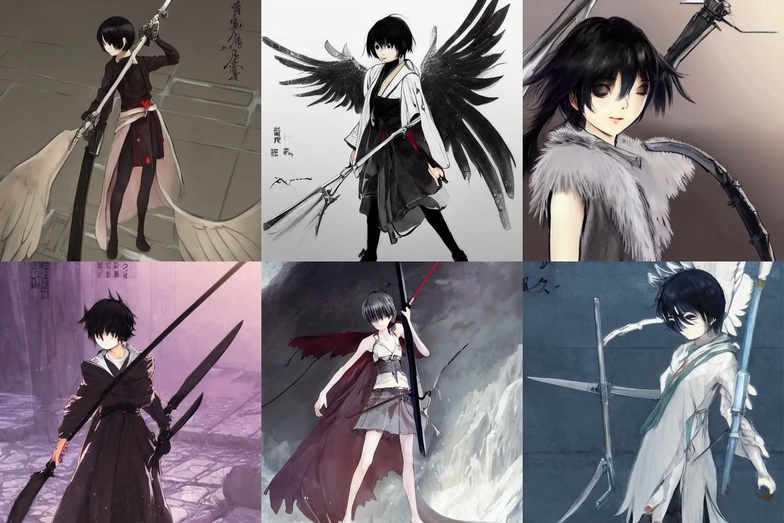 Prompt: concept art of a shy japanese girl with wings and short black hair, wearing round glasses and a long robe, holding a scythe, drawn by akihiko yoshida and tsutomu nihei and makoto shinkai and wadim kashin and john berkey and yoji shinkawa