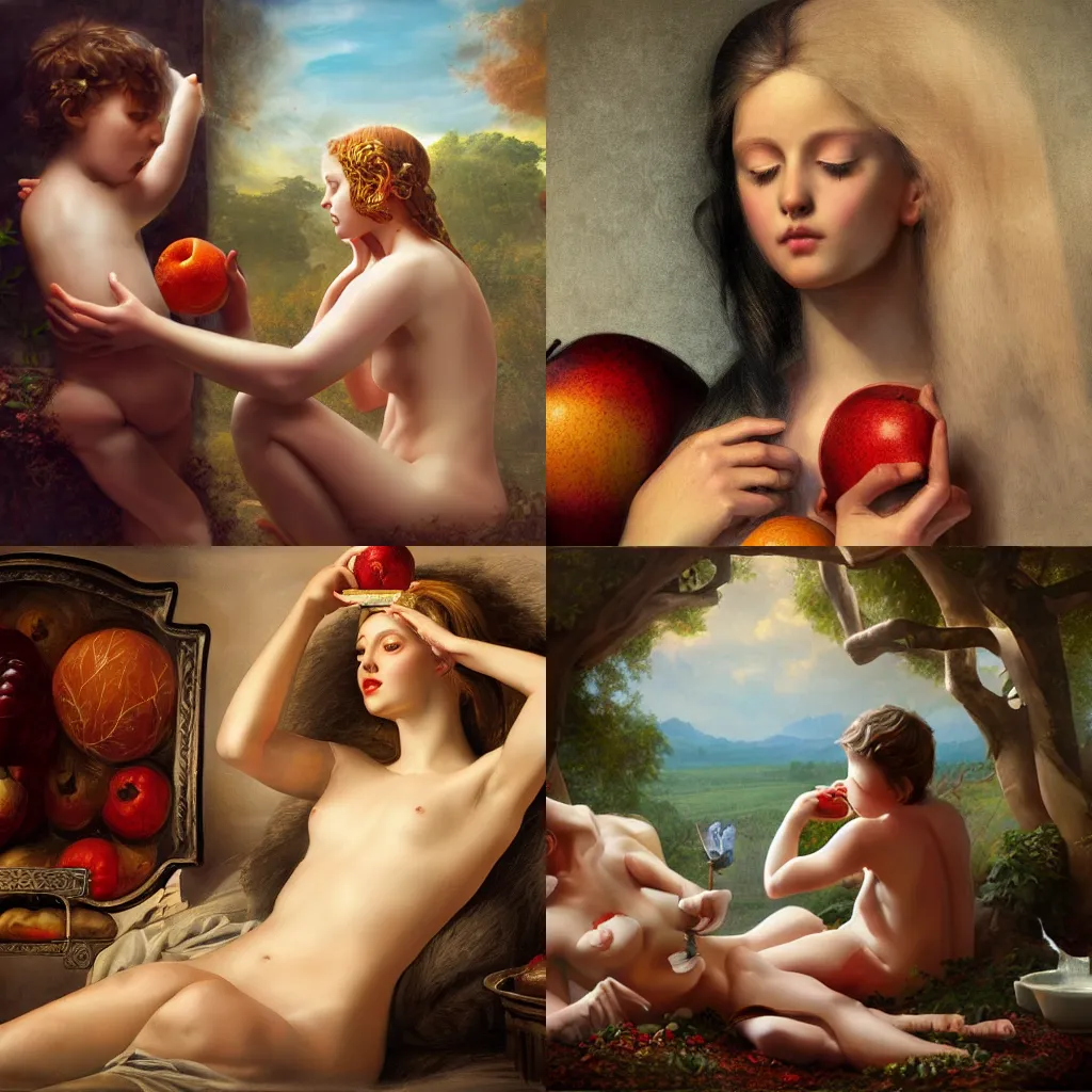 Prompt: illustration of the forbidden fruit, realistic painting, classical painting, high definition, digital art, matte painting, very detailed, realistic”