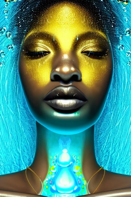 Image similar to hyperrealistic precisionist cinematic profile very beautiful! black oshun goddess, dancing in water!, mirror dripping droplet!, gold flowers, highly detailed face, digital art masterpiece, smooth eric zener cam de leon, dramatic pearlescent turquoise light on one side, low angle uhd 8 k, shallow depth of field