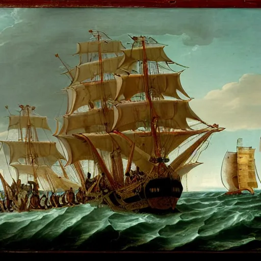 Image similar to a giant octopus with tentacles wrapped around a spanish galleon, by george philip reinagle