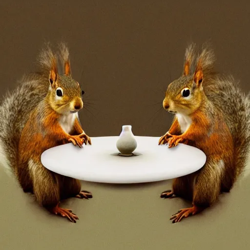 Prompt: squirrels sitting at a round table, a peace treaty sits in the middle of the table, historic photo, united nations