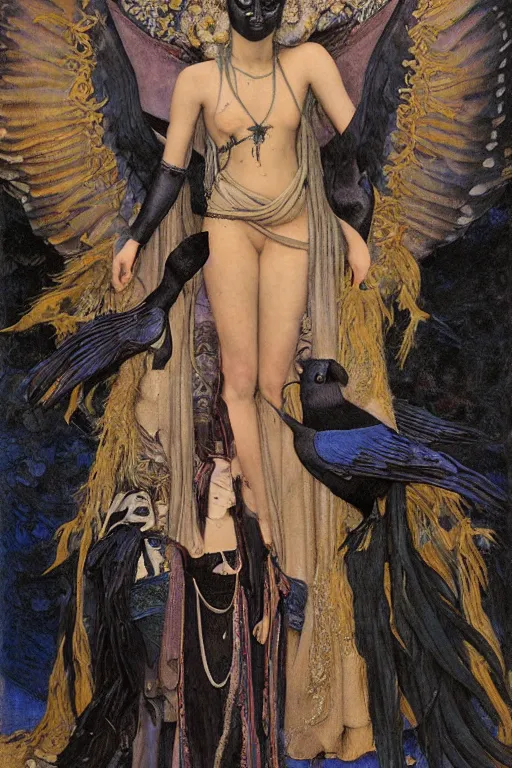 Image similar to a raven dressed as a goth shaman, by Annie Swynnerton and Nicholas Roerich and John Bauer and jean delville and John William Godward and Donato Giancola and Vermeer, black leather and embroidered velvet, iridescent beetles, rich color, dramatic cinematic lighting, featured on Artstation, extremely detailed