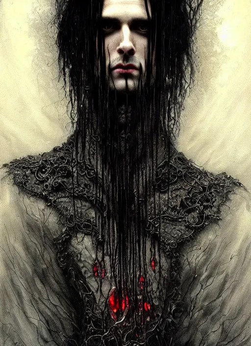 Image similar to highly detailed oil painting | very intricate | cinematic lighting | black, white and blood color scheme, dark background | portrait of a exquisite beautiful vampire man with long elegant tangles of black hair, eyes, gothic fog ambience, hyper realistic head, fantasy victorian art, in the style of greg rutkowski, zdizslaw beksinski, intricate, alphonse mucha