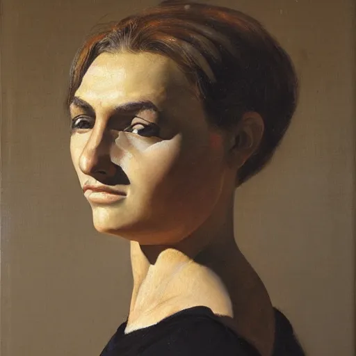 Prompt: frontal portrait of a beautiful young italian neanderthal woman in 1 9 6 0 s italian clothing by pietro annigoni, oil on canvas, 1 9 6 4, national portrait gallery