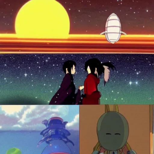 Image similar to Spirited away in space next to planet Saturn, anime, japan, studio Ghibli
