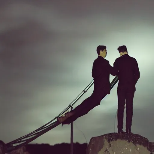 Prompt: two young men, one man human, one man vampire, night, on a birdge, in the style of onc piece