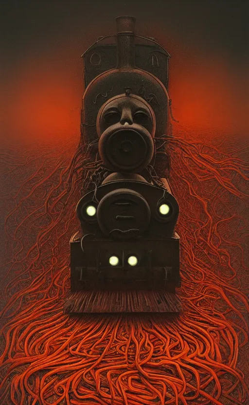 Image similar to thomas the tank engine in style of zdzisław beksinski, extremely dramatic lighting, 8 k, tendrils, black, darkness, black slime tendrils, infected, rust, body horror, thomas the train, thomas the tank engine face, horror,