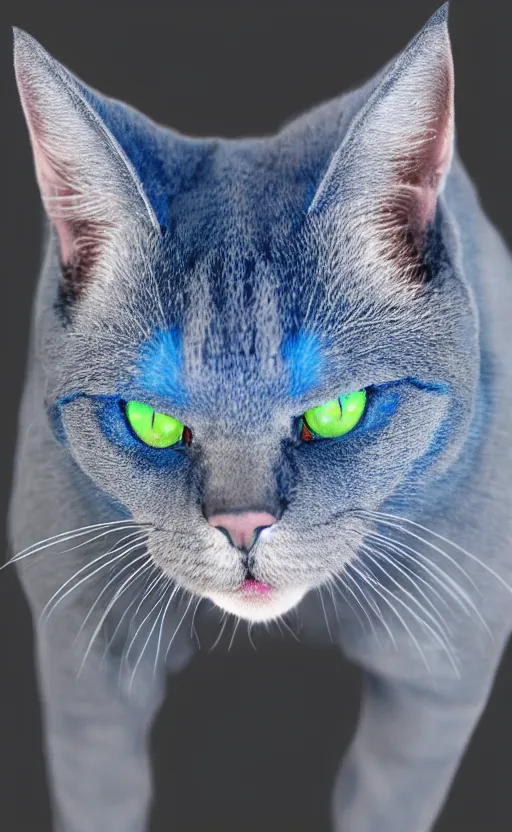 Image similar to blue cat with crimson glowing eyes in the night, photo, photorealistic, realistic, detailed, hyperrealistic, 8 k, hdr, lossless