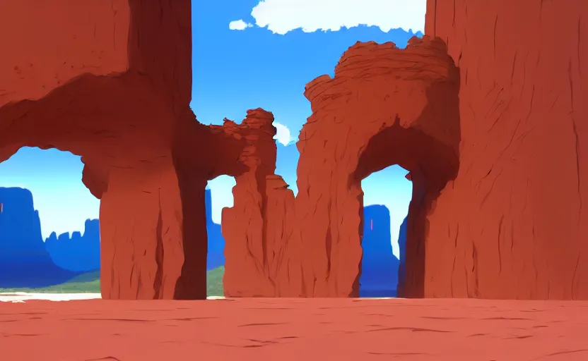 Prompt: a cell - shaded studio ghibli concept art study of a square dimensional portal doorway in monument valley. water is flowing out of the portal. very dull colors, hd, 4 k, hq