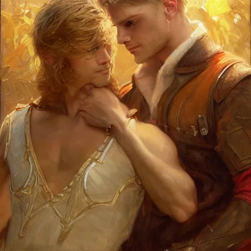 Image similar to attractive male, arthur pendragon who has blond hair confesses his love to attractive male, merlin who has dark hair. highly detailed painting by gaston bussiere, craig mullins, j. c. leyendecker 8 k