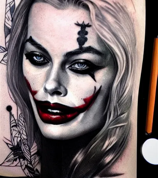 Image similar to tattoo design sketch of beautiful margot robbie portrait with joker makeup, in the style of den yakovlev, realistic face, black and white, faded edges, realism tattoo, hyper realistic, highly detailed