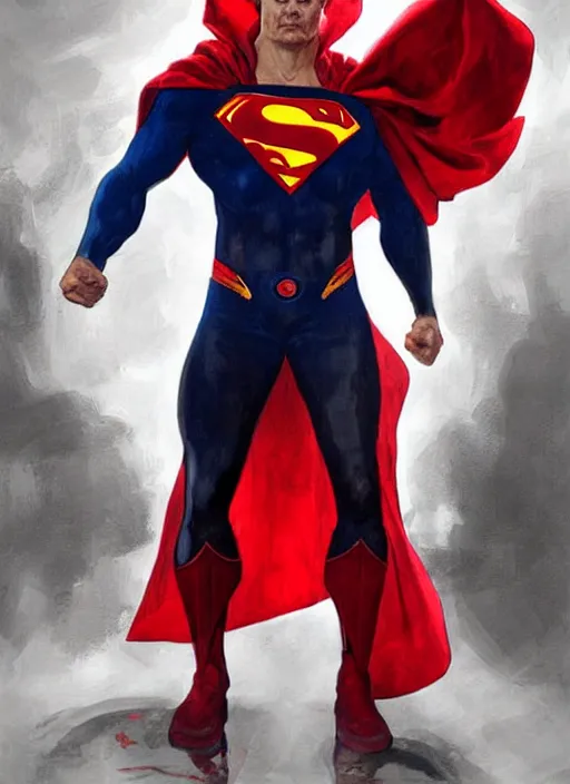 Image similar to portrait of crossfit superman!, futuristic detailed ornate cyberpunk costume!, red and black costume!!!, pale skin!, no logo!!!, painted art by tsuyoshi nagano, greg rutkowski, artgerm, alphonse mucha, spike painting