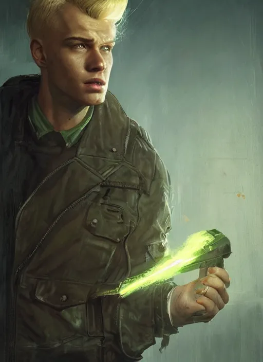 Image similar to portrait of a young man with blond hair with green house equipment from fallout 4, art by ryo shiotani and greg rutkowski, intricate, beautiful, cinematic lighting