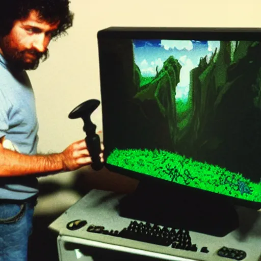 Image similar to playing a computer game on an old black and green screen monitor in 1 9 8 5, ultima 4 adventure game