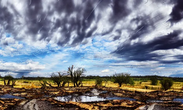 Prompt: panorama of big raindrops flying upwards into the blue sky from a dried up river in a desolate land, dead trees, blue sky, hot and sunny highly-detailed, elegant, dramatic lighting, artstation, 4k, cinematic landscape, photograph by Elisabeth Gadd