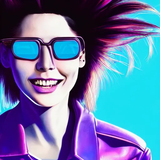 Prompt: closeup painting of a very beautiful young mexican cyberpunk woman with a smile, light blue windows shutter shades on her face, and a purple coloured leather jacket, one side haircut, long brown hair with light blue ends, portrait, hyperdetailed, cgsociety, synthwave by tangerine dream, by jean - michel jarre, by vangelis, by john carpenter