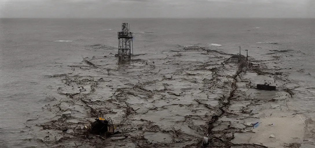 Image similar to apocaliptic Portrait of a offshore oil dripping in the city of Mar del Plata , by stephen Shore and Arthur Adams , epic composition, 80mm, 8k