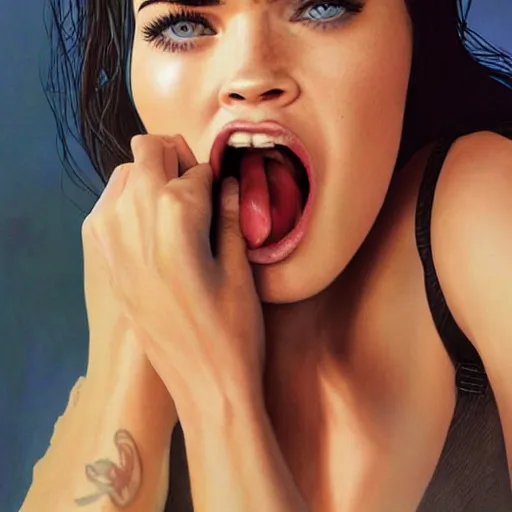 Image similar to megan fox sticking her tongue out. hyperrealistic portrait, photo realistic, poster, artstation, volumetric lighting, digital art, very detailed face by sam carr and by richard meril